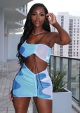 Women Summer Blue Sexy Sleeveless Crop Top Color Blocking GatheringTwo Piece Skirt Set