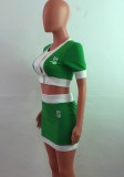 Women Summer Green Casual O-Neck Short Sleeves Crop Top Color Blocking Button MiniTwo Piece Skirt Set