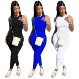Women Summer Blue Casual O-Neck Sleeveless Solid Jumpsuit