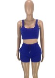 Women Summer Blue Casual U-neck Sleeveless Crop Top Solid Skinny Two Piece Shorts Set