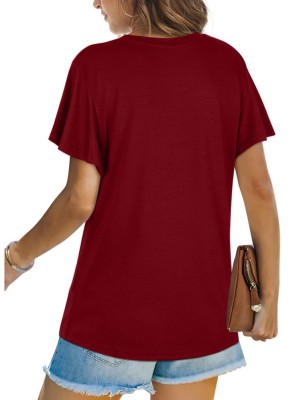 Women Summer Red Casual O-Neck Short Sleeves Solid Long T-Shirt