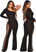 Women Spring Black Sexy Slash Neck Single Sleeve Patchwork Rhinestone Jumpsuit