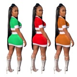 Women Summer Red Casual O-Neck Short Sleeves Crop Top Color Blocking Button MiniTwo Piece Skirt Set