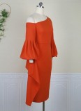 Women Spring Orange Sexy Slash Neck Puffed Long sleeve Solid Midi Dress