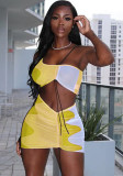 Women Summer Yellow Sexy Sleeveless Crop Top Color Blocking GatheringTwo Piece Skirt Set