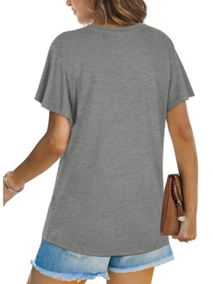 Women Summer Grey Casual O-Neck Short Sleeves Solid Long T-Shirt