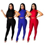 Women Summer Blue Sexy Stand Collar Sleeveless Crop Top Solid Lace Up Two Piece Pants Set
