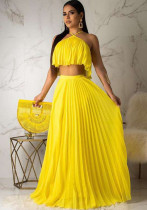Women Summer Yellow Sexy Halter Sleeveless Crop Top PleatedTwo Piece Skirt Set