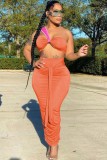 Women Summer Orange Sexy Crop Top Belted Two Piece Skirt Set