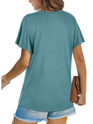 Women Spring Blue Casual O-Neck Short Sleeves Solid Long T-Shirt