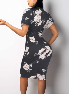 Women Summer Printed Elegant O-Neck Short Sleeves Midi Dress