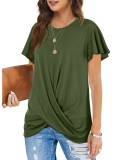 Women Summer Green Casual O-Neck Short Sleeves Solid Long T-Shirt