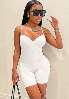 Women Summer White Sexy Sleeveless Solid Straps Skinny Rompers