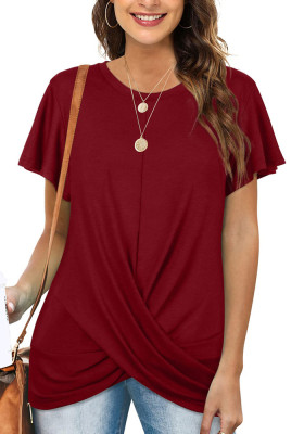 Women Summer Red Casual O-Neck Short Sleeves Solid Long T-Shirt