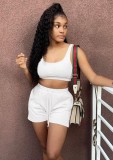 Women Summer White Casual U-neck Sleeveless Crop Top Solid Skinny Two Piece Shorts Set