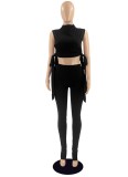 Women Summer Black Sexy Stand Collar Sleeveless Crop Top Solid Lace Up Two Piece Pants Set