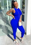 Women Summer Blue Casual O-Neck Sleeveless Solid Jumpsuit