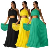 Women Summer Green Sexy Halter Sleeveless Crop Top PleatedTwo Piece Skirt Set
