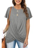 Women Summer Grey Casual O-Neck Short Sleeves Solid Long T-Shirt