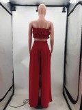 Women Summer Red Casual Crop Top And Loose Pant Two Piece Set