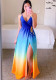 Women Summer Printed Sweet V-neck Sleeveless Tie Dye Slit Maxi Dress