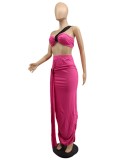 Women Summer Pink Sexy Crop Top Belted Two Piece Skirt Set