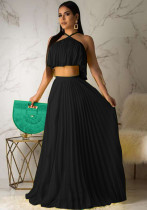 Women Summer Black Sexy Halter Sleeveless Crop Top PleatedTwo Piece Skirt Set