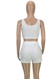 Women Summer White Casual U-neck Sleeveless Crop Top Solid Skinny Two Piece Shorts Set