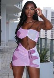 Women Summer Pink Sexy Sleeveless Crop Top Color Blocking GatheringTwo Piece Skirt Set