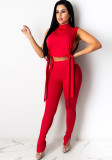 Women Summer Red Sexy Stand Collar Sleeveless Crop Top Solid Lace Up Two Piece Pants Set