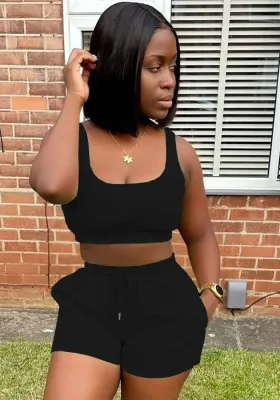 Women Summer Black Casual U-neck Sleeveless Crop Top Solid Skinny Two Piece Shorts Set