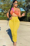 Women Summer Yellow Sexy Crop Top Color Blocking BeltedTwo Piece Skirt Set