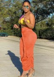 Women Summer Orange Sexy Crop Top Color Blocking BeltedTwo Piece Skirt Set