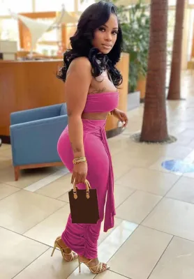 Women Summer Pink Sexy Crop Top Belted Two Piece Skirt Set