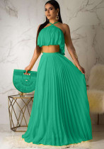 Women Summer Green Sexy Halter Sleeveless Crop Top PleatedTwo Piece Skirt Set