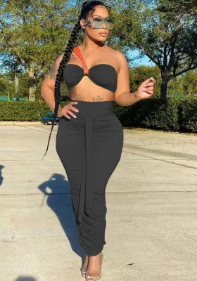 Women Summer Black Sexy Crop Top Belted Two Piece Skirt Set