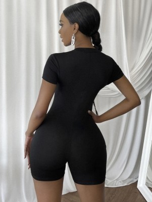 Women Summer Black Casual Short Sleeves Color Blocking Rompers