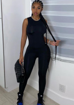Women Summer Black Casual O-Neck Sleeveless Solid Jumpsuit