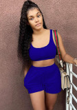 Women Summer Blue Casual U-neck Sleeveless Crop Top Solid Skinny Two Piece Shorts Set