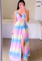 Women Summer Printed Sweet V-neck Sleeveless Tie Dye Slit Maxi Dress