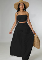 Women Summer Black Casual Crop Top And Loose Pant Two Piece Set