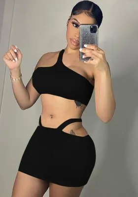 Women Summer Black Sexy Sleeveless Crop Top Solid MiniTwo Piece Skirt Set