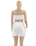 Women Summer White Sexy Off-the-shoulder Crop Top Solid Lace Up Two Piece Shorts Set