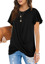 Women Summer Black Casual O-Neck Short Sleeves Solid Long T-Shirt