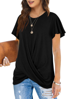 Women Summer Black Casual O-Neck Short Sleeves Solid Long T-Shirt