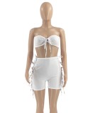 Women Summer White Sexy Off-the-shoulder Crop Top Solid Lace Up Two Piece Shorts Set