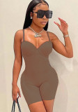 Women Summer Brown Sexy Sleeveless Solid Straps Skinny Rompers