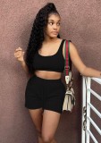 Women Summer Black Casual U-neck Sleeveless Crop Top Solid Skinny Two Piece Shorts Set