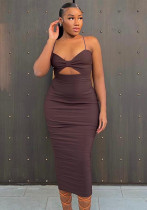 Women Summer Brown Sleeveless Solid Hollow Out Midi Dress