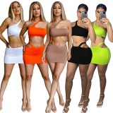 Women Summer Orange Sexy Sleeveless Crop Top Solid MiniTwo Piece Skirt Set